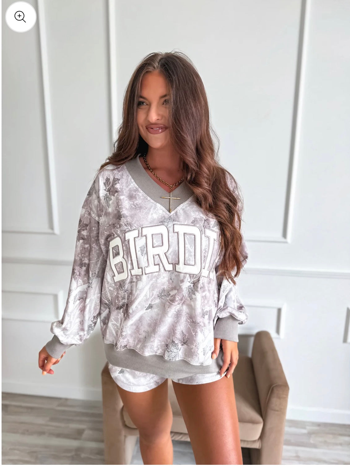 BIRDIE PREORDER V Neck Oversized Sweatshirt in Ashwood Camo