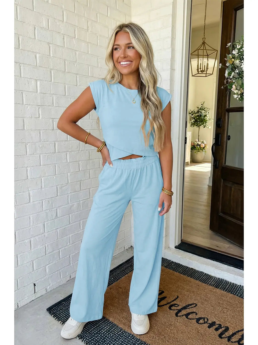Solid Color Cropped Tank Top and Jogger Pants Set