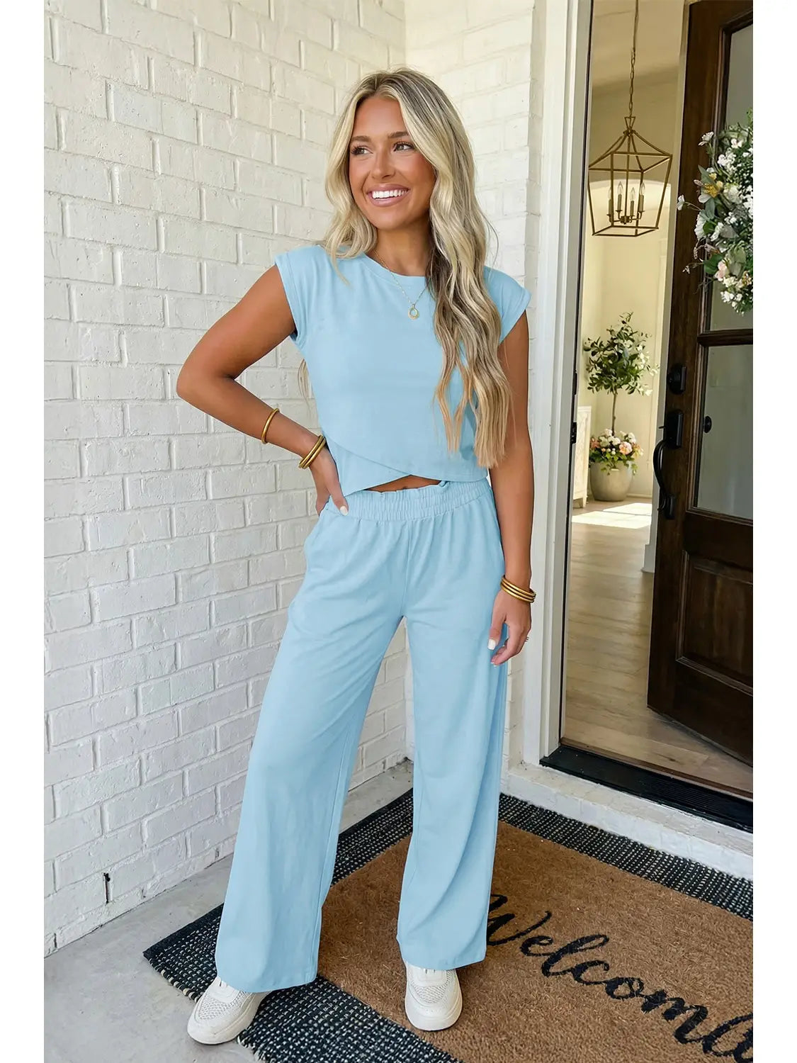 Solid Color Cropped Tank Top and Jogger Pants Set