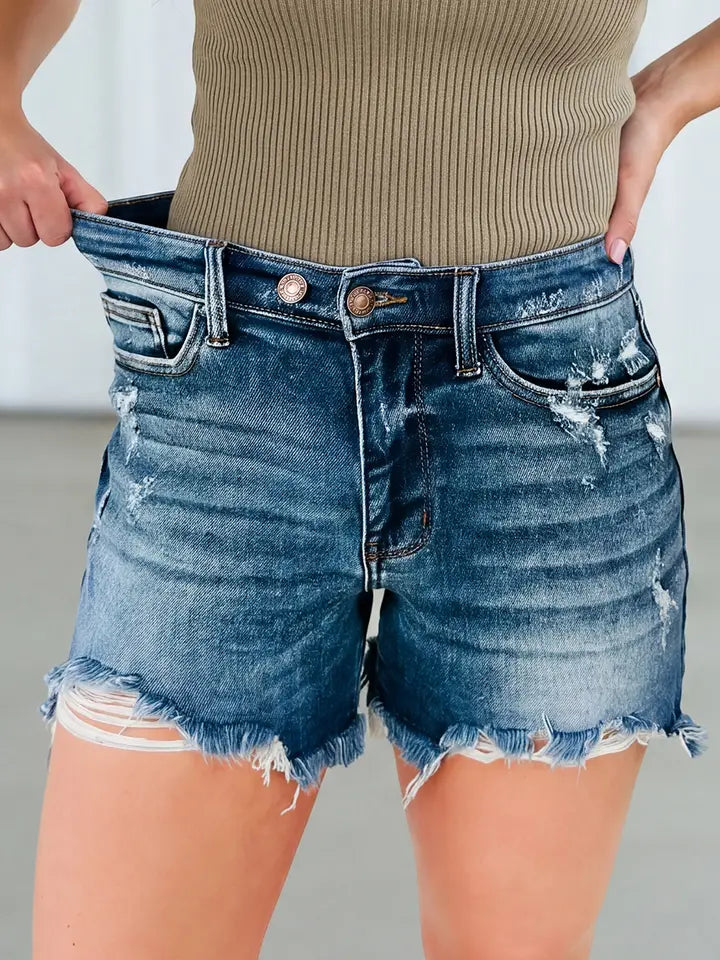 Asymmetric Raw Hem Distressed Denim Shorts