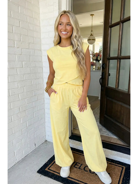Solid Color Cropped Tank Top and Jogger Pants Set