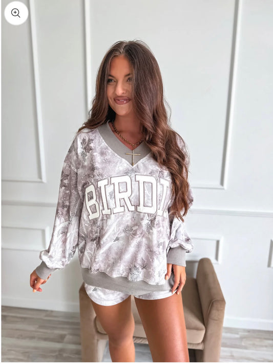 BIRDIE PREORDER V Neck Oversized Sweatshirt in Ashwood Camo